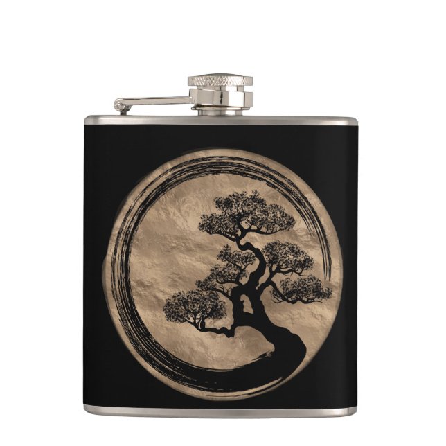 Enso Zen Circle and Bonsai Tree Gold Hip Flask (Front)