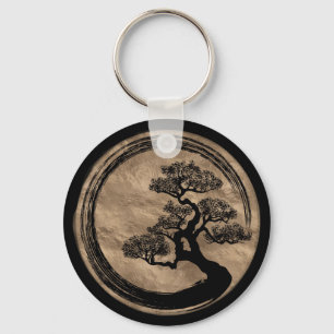 Enso Zen Circle and Bonsai Tree Gold Key Ring