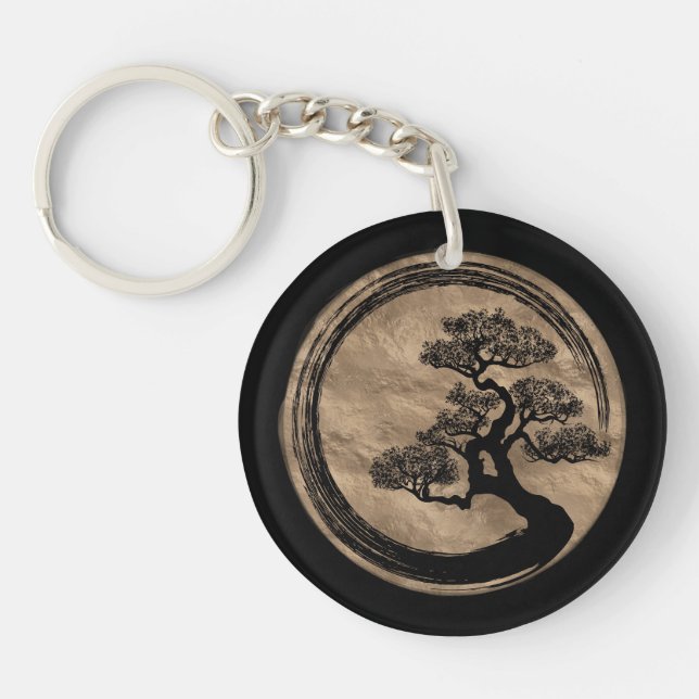 Enso Zen Circle and Bonsai Tree Gold Key Ring (Front)