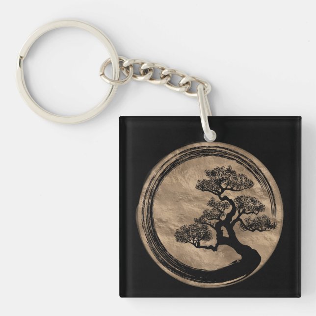 Enso Zen Circle and Bonsai Tree Gold Key Ring (Front)