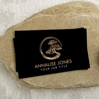 Enso Zen Circle and Bonsai Tree gold on black Business Card
