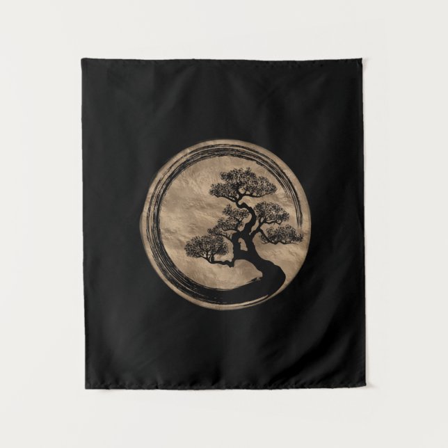 Enso Zen Circle and Bonsai Tree Gold Tapestry (Front)