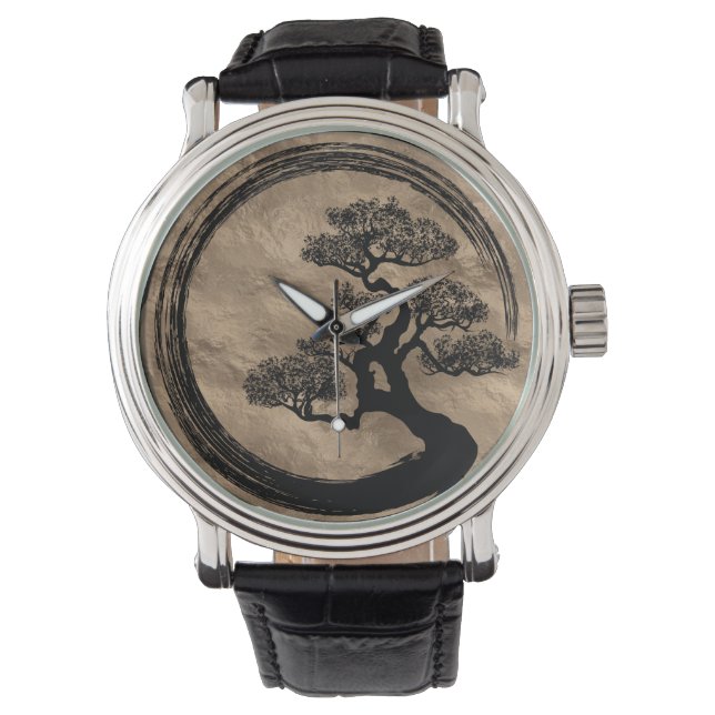 Enso Zen Circle and Bonsai Tree Gold Watch (Front)