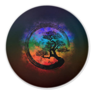 Enso Zen Circle and Bonsai Tree Nebula Ceramic Knob