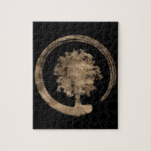 Enso Zen Circle and Tree - Gold on black Jigsaw Puzzle