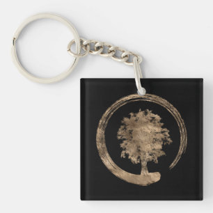 Enso Zen Circle and Tree - Gold on black Key Ring