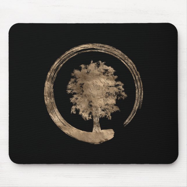Enso Zen Circle and Tree - Gold on black Mouse Mat (Front)