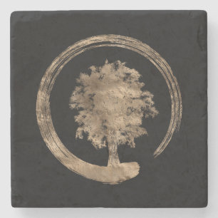 Enso Zen Circle and Tree - Gold on black Stone Coaster
