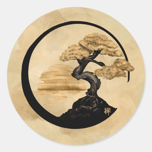 Enso Zen Circle Bonsai - Golden Sunrise Classic Round Sticker (Front)