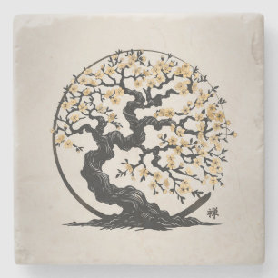 Enso Zen Circle Sakura tree Stone Coaster