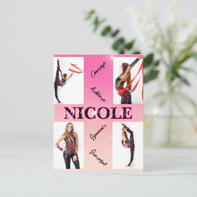 Entangled Gymnastics Pink 4 Photo Encouragement Invitation Postcard (Standing Front)