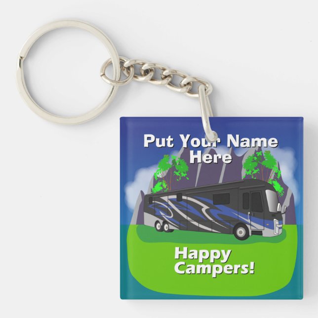 Entegra Aspire RV Blue Happy Camper Design Key Ring (Front)