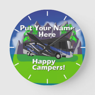 Entegra Aspire RV Blue Happy Camper Design Round Clock