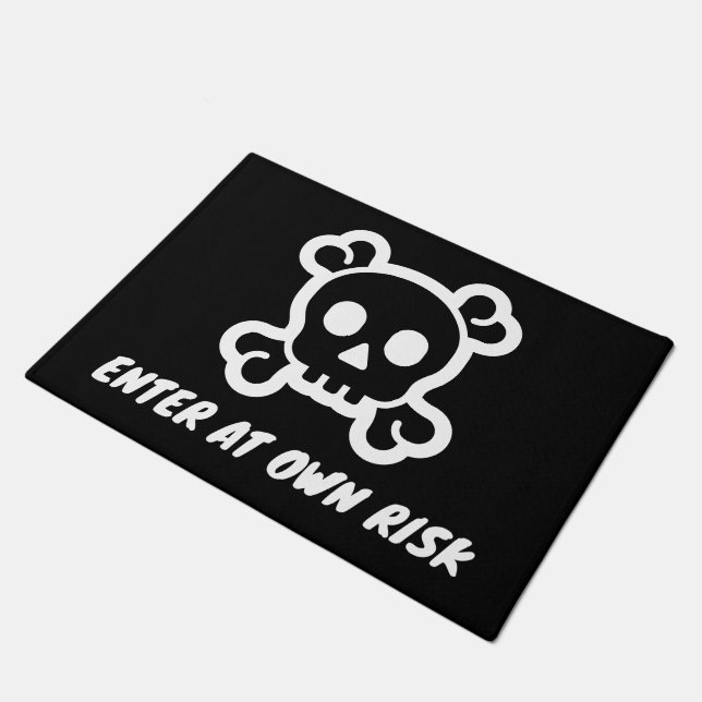 Enter at own risk funny skull head symbol doormat (Angled)