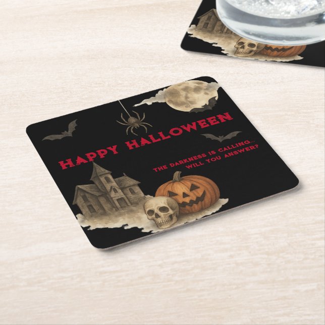 Enter If You Dare - Spooky Haunted House Halloween Square Paper Coaster (Angled)