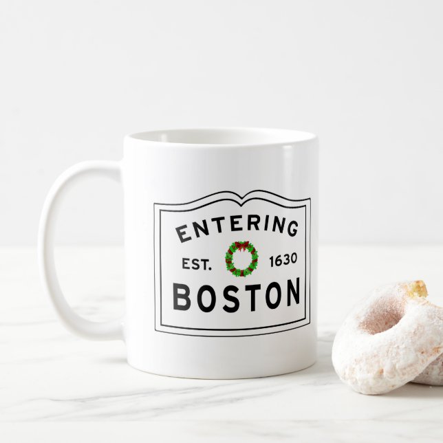 Entering Boston MA Christmas Wreath Coffee Mug (With Donut)