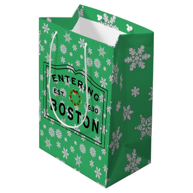 Entering Boston MA Christmas Wreath Medium Gift Bag (Back Angled)