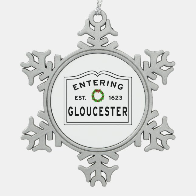 Entering Gloucester Massachusetts Snowflake Pewter Christmas Ornament (Front)
