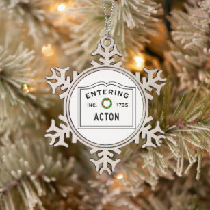 Entering Massachusetts Town Acton Snowflake Pewter Christmas Ornament
