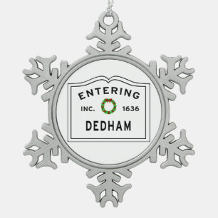 Entering Massachusetts Town Dedham Snowflake Pewter Christmas Ornament
