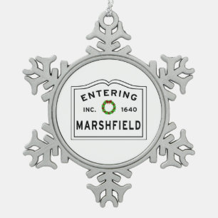 Entering Massachusetts Town Marshfield Snowflake Pewter Christmas Ornament