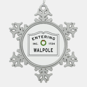 Entering Massachusetts Town Walpole Snowflake Pewter Christmas Ornament