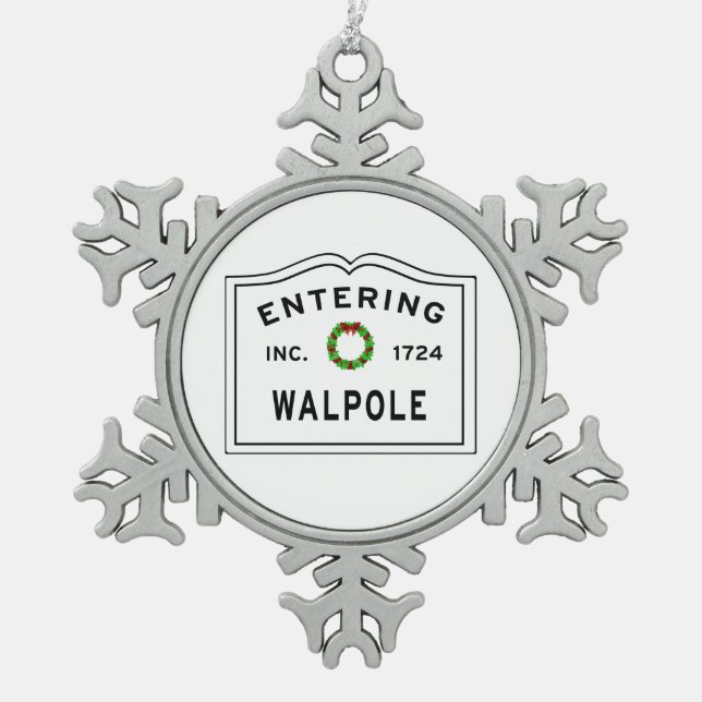Entering Massachusetts Town Walpole Snowflake Pewter Christmas Ornament (Front)