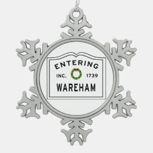 Entering Massachusetts Town Wareham Snowflake Pewter Christmas Ornament