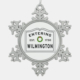 Entering Massachusetts Town Wilmington Snowflake Pewter Christmas Ornament