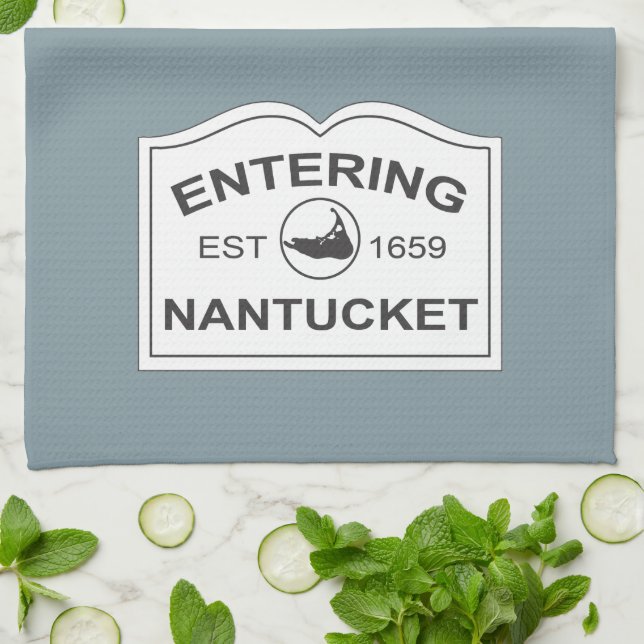 Entering Nantucket Est. 1659 Sign in Beach Blue Tea Towel (Folded)