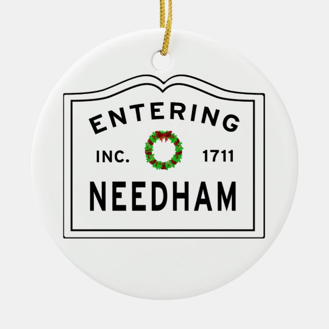 Entering Needham Massachusetts Ceramic Tree Decoration (Front)