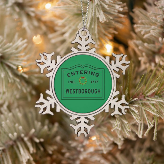 Entering Town Massachusetts Westborough Snowflake Pewter Christmas Ornament (Tree)