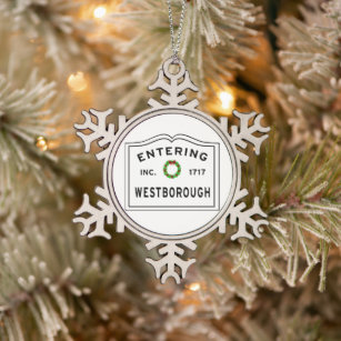 Entering Town Massachusetts Westborough Snowflake Pewter Christmas Ornament