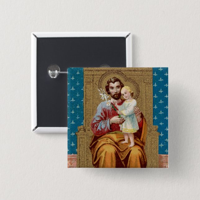 Enthroned St. Joseph with Toddler Christ Child 15 Cm Square Badge (Front & Back)
