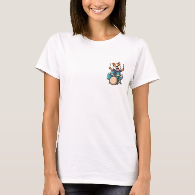 Enthusiastic Corgi Dog Drummer Playing Blue Drum T-Shirt (Front)