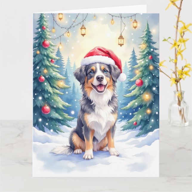 Entlebucher Mountain Dog Snowy Forest Santa Card (Yellow Flower)