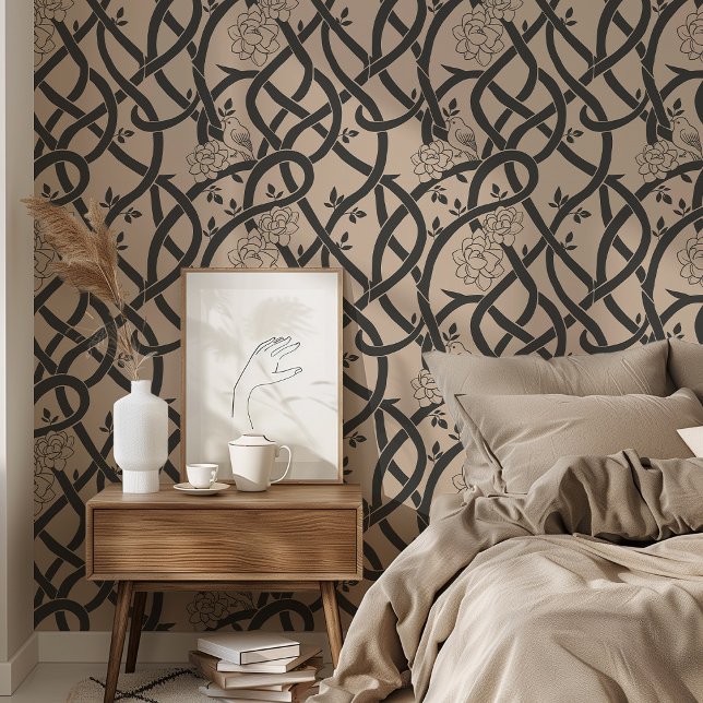 Entwined Elegance: Black and Beige Floral Bird Wallpaper (Creator Uploaded)