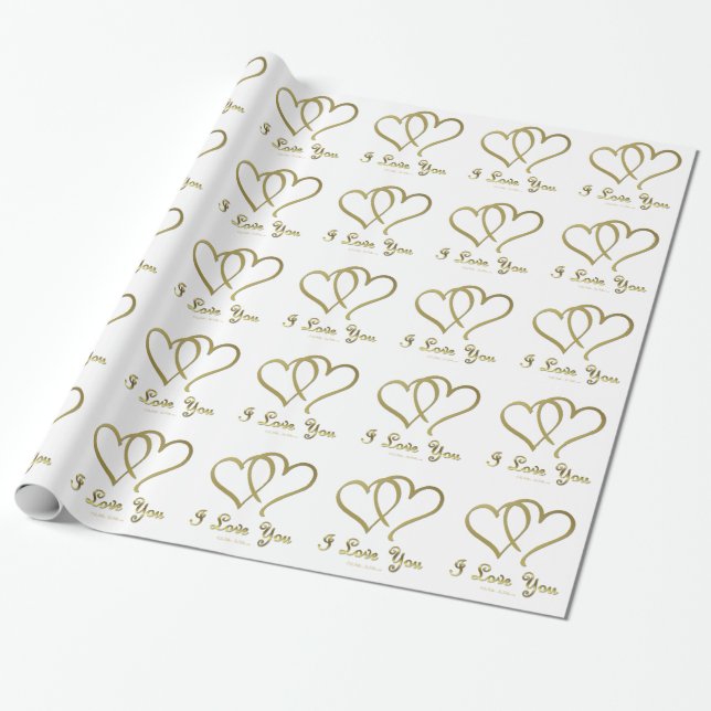 Entwined Gold Hearts i Love You Wrapping Paper (Unrolled)