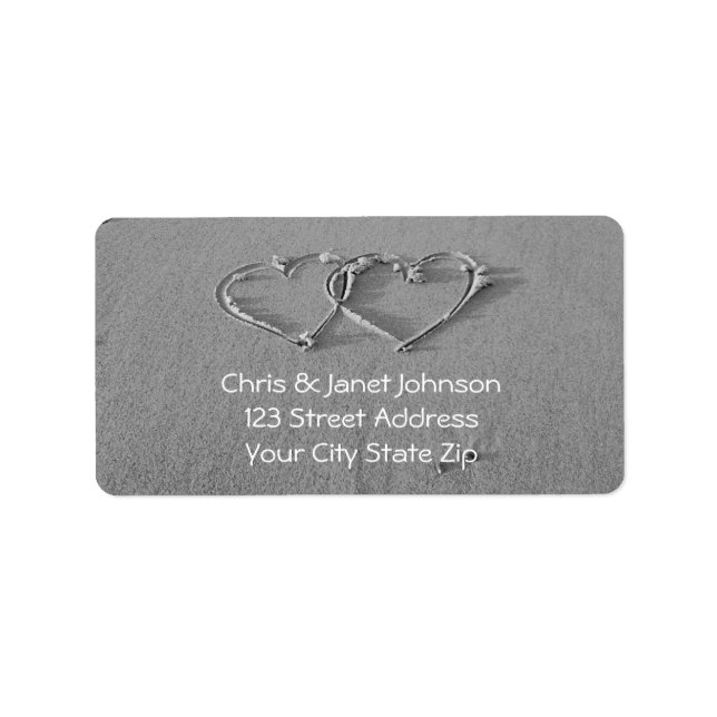 Entwined hearts in beach sand address labels (Front)
