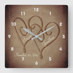Entwined Hearts In Sepia Personalised Wedding Square Wall Clock