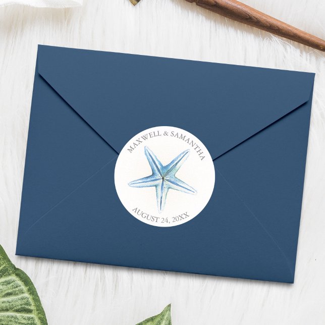 Envelope Seal Sticker, Blue Starfish Beach Wedding (Watercolor blue starfish sticker )