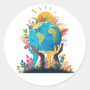  Environment  - Earth Illustration with Hand & sun Classic Round Sticker