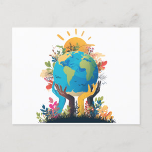  Environment  - Earth Illustration with Hand & sun Holiday Postcard
