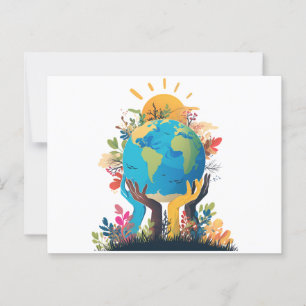  Environment  - Earth Illustration with Hand & sun Postcard