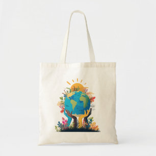 Environment - Earth Illustration with Hand & sun Tote Bag
