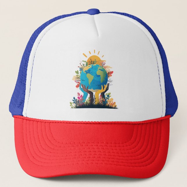  Environment  - Earth Illustration with Hand & sun Trucker Hat (Front)