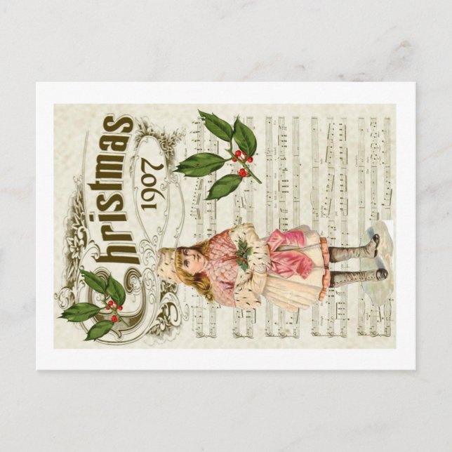 Ephemera 1907 Christmas Carol Script Holly Berry Postcard (Front)