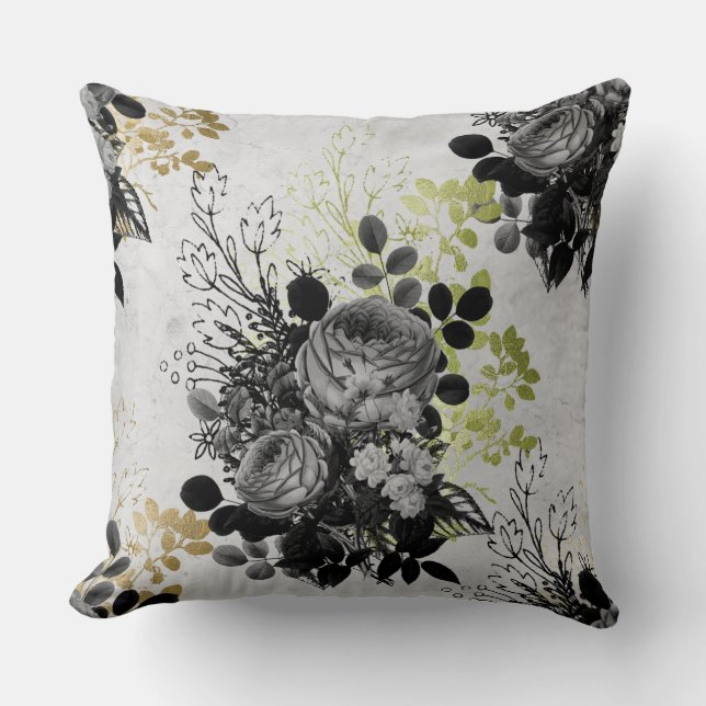 Ephemera Black & Gold Floral Cushion (Front)