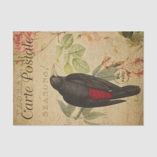 Ephemera Black Red Bird Pink Roses Decoupage Tissue Paper (Front)