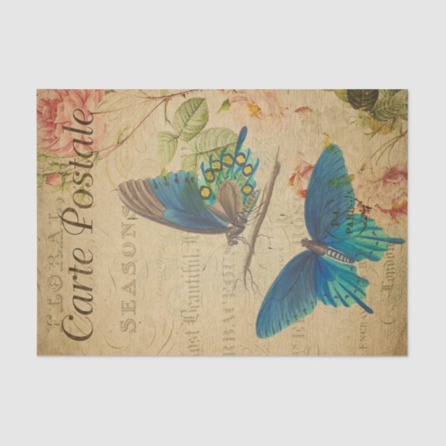 Ephemera French Postcard Blue Butterfly Decoupage Tissue Paper (Front)